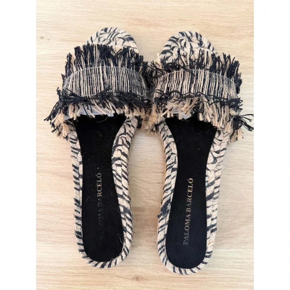 Anthro Paloma Barcelo 39 Black Tan Fringed Raffia Espadrille Slide Sandals Boho
